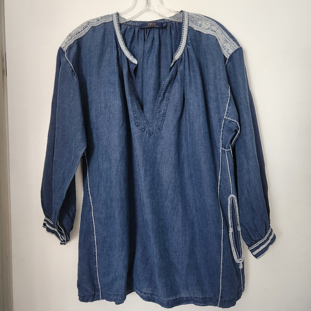Polo ralph Lauren Top tunic blouse Size Small Oversized Blue Pockets Linen/silk